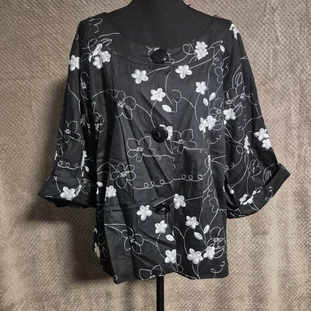 Josephine Chaus Black Floral Embroidered Cotton Jacket 3/4 Sleeve Size 16